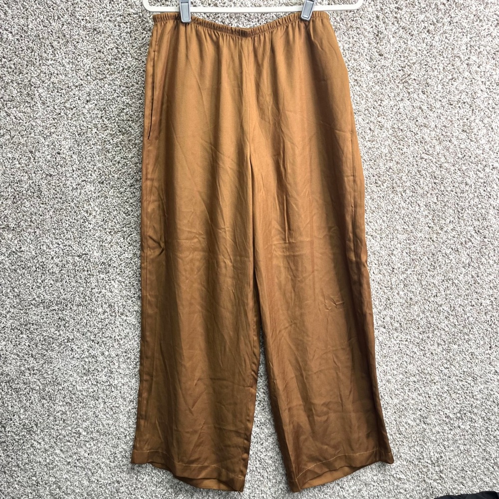 Vince Pants Women's Large Brown Silk Blend Elastic Waist Pull-On Wide Leg
